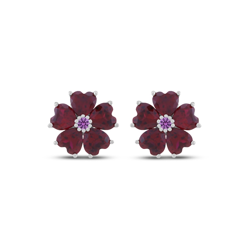 Main Image 2 of Heart-Shaped Lab-Created Ruby & Pink Lab-Created Sapphire Flower Stud Earrings Sterling Silver