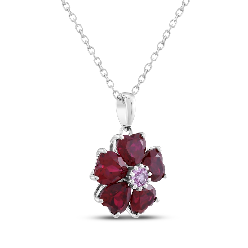 Main Image 2 of Heart-Shaped Lab-Created Ruby & Pink Lab-Created Sapphire Flower Necklace Sterling Silver 18&quot;