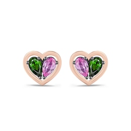 Wicked Pear-Shaped Pink Lab-Created Sapphire & Chrome Diopside Heart Stud Earrings Sterling Silver & 10K Rose Gold