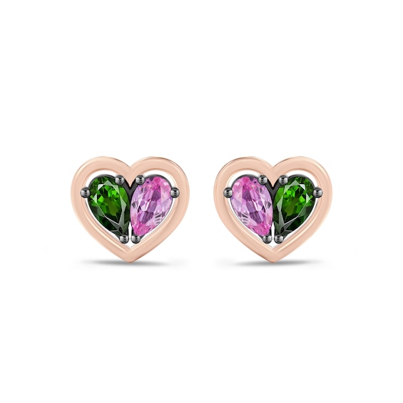 Wicked Pear-Shaped Pink Lab-Created Sapphire & Chrome Diopside Heart Stud Earrings Sterling Silver & 10K Rose Gold
