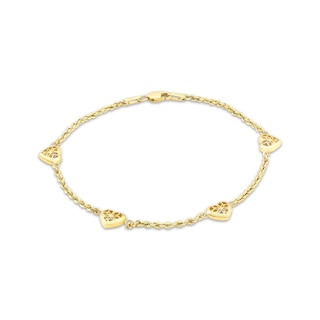 Openwork Heart Station Rope Chain Bracelet Hollow 10K Yellow Gold 7.5"