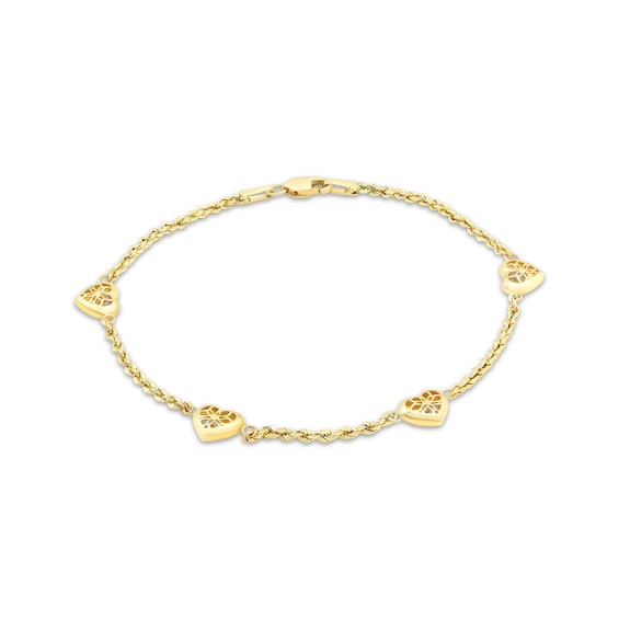 Openwork Heart Station Rope Chain Bracelet Hollow 10K Yellow Gold 7.5"