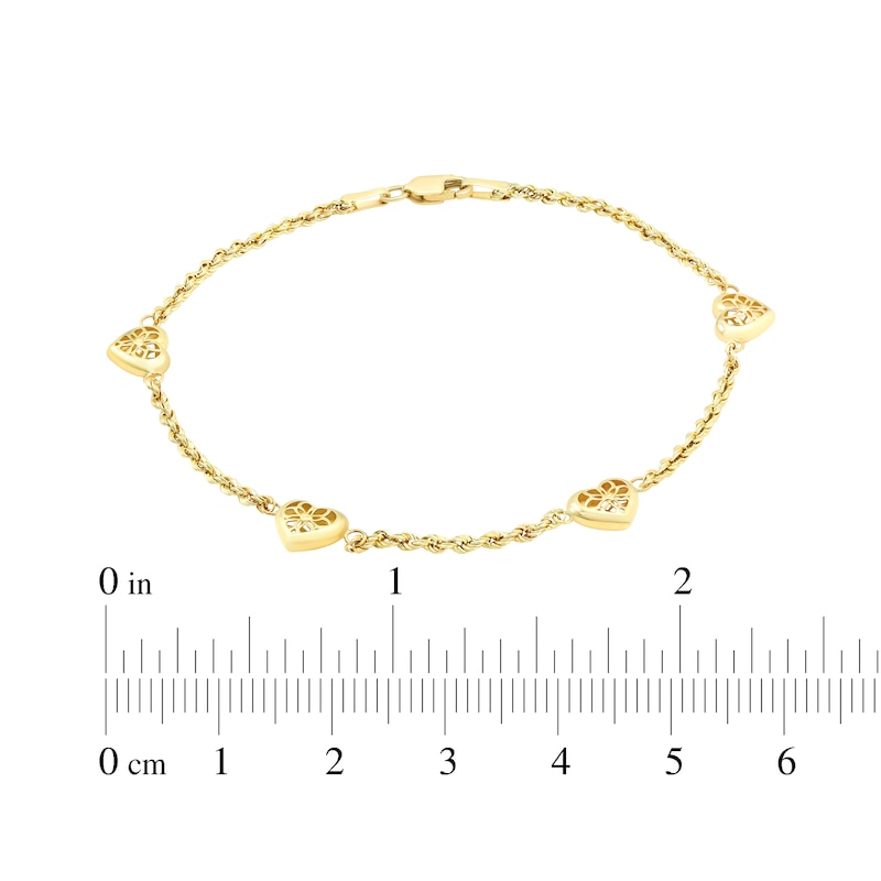 Main Image 2 of Openwork Heart Station Rope Chain Bracelet Hollow 10K Yellow Gold 7.5"