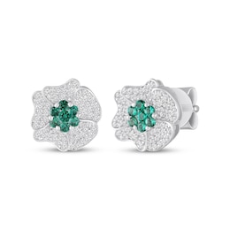 Lab-Created Emerald & White Lab-Created Sapphire Flower Stud Earrings Sterling Silver