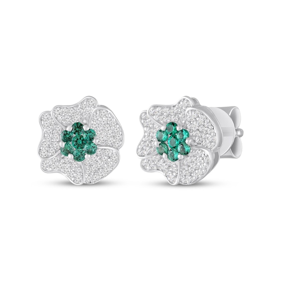 Lab-Created Emerald & White Lab-Created Sapphire Flower Stud Earrings Sterling Silver