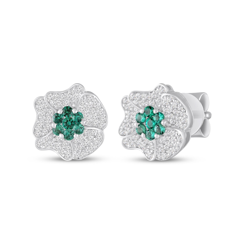 Main Image 1 of Lab-Created Emerald & White Lab-Created Sapphire Flower Stud Earrings Sterling Silver