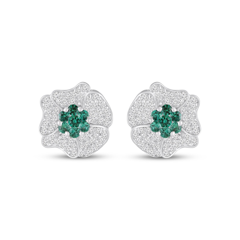 Main Image 2 of Lab-Created Emerald & White Lab-Created Sapphire Flower Stud Earrings Sterling Silver