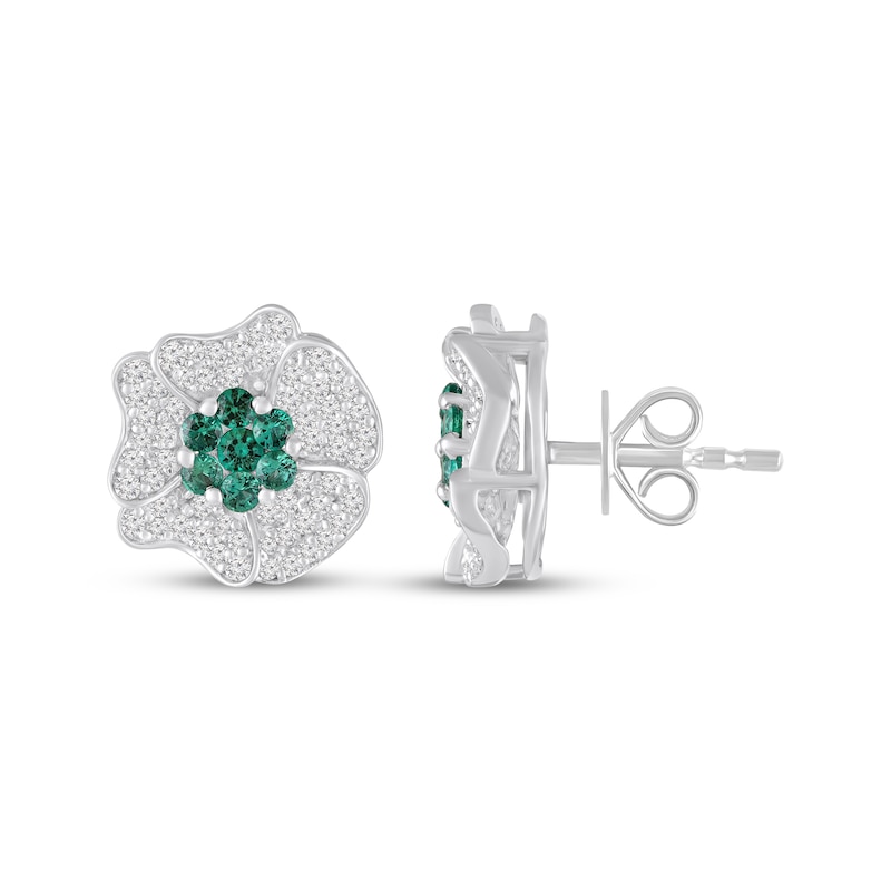 Main Image 3 of Lab-Created Emerald & White Lab-Created Sapphire Flower Stud Earrings Sterling Silver