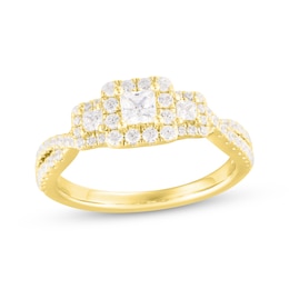 Memories Moments Magic Princess-Cut Diamond Three-Stone Halo Engagement Ring 3/4 ct tw 14K Yellow Gold