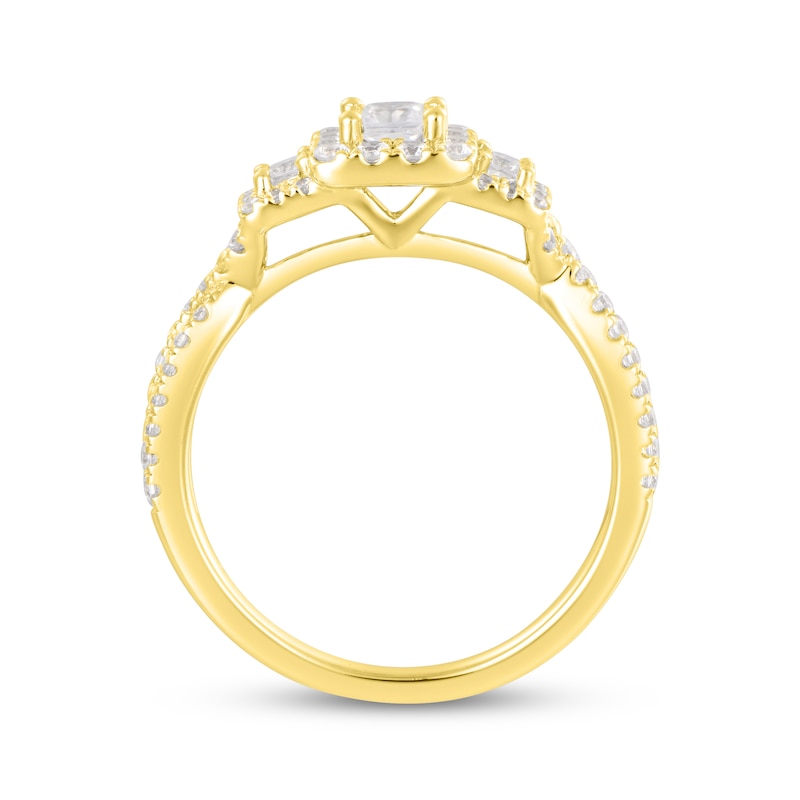 Main Image 3 of Memories Moments Magic Princess-Cut Diamond Three-Stone Halo Engagement Ring 3/4 ct tw 14K Yellow Gold