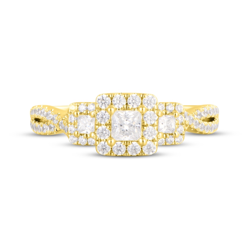Main Image 4 of Memories Moments Magic Princess-Cut Diamond Three-Stone Halo Engagement Ring 3/4 ct tw 14K Yellow Gold
