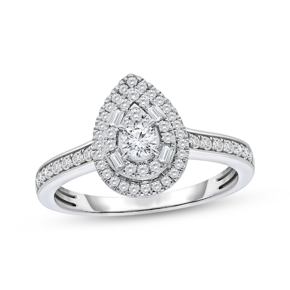Now + Forever Multi-Diamond Pear-Shaped Double Halo Engagement Ring 1/2 ct tw 14K White Gold