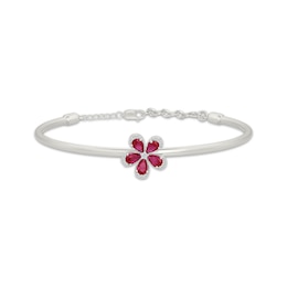Lab-Created Ruby & White Lab-Created Sapphire Flower Bangle Bracelet Sterling Silver