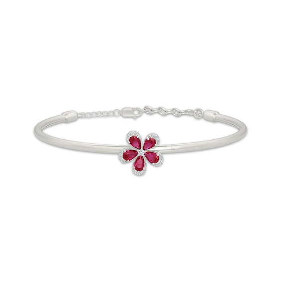 Lab-Created Ruby & White Lab-Created Sapphire Flower Bangle Bracelet Sterling Silver