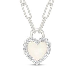 Mother-of-Pearl & White Lab-Created Sapphire Heart Lock Paperclip Chain Necklace Sterling Silver 18"
