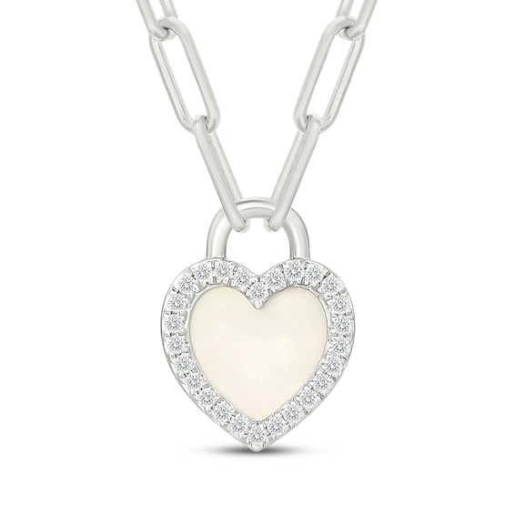 Mother-of-Pearl & White Lab-Created Sapphire Heart Lock Paperclip Chain Necklace Sterling Silver 18"