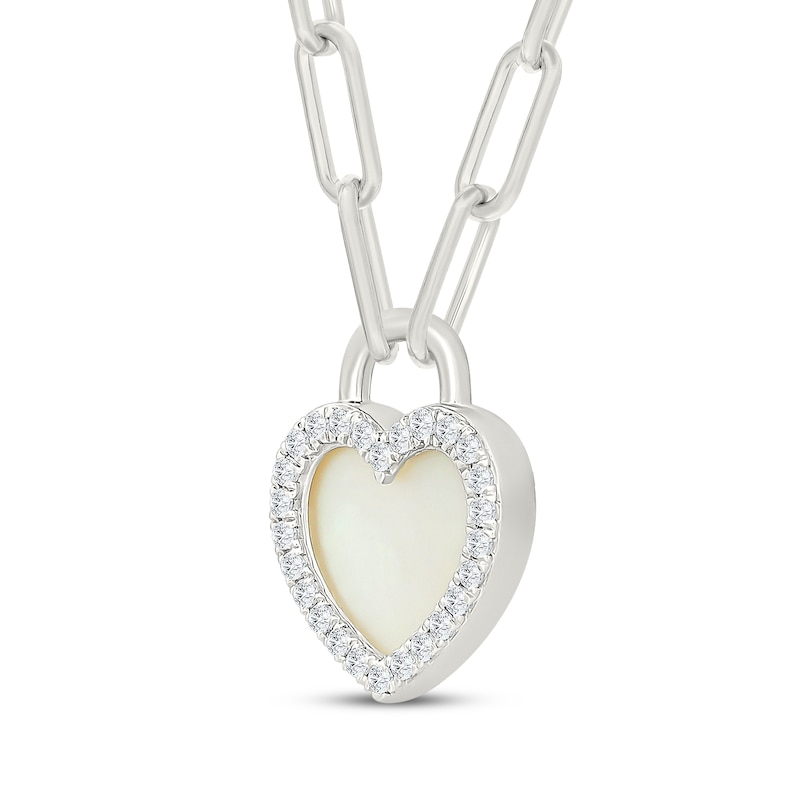 Main Image 2 of Mother-of-Pearl & White Lab-Created Sapphire Heart Lock Paperclip Chain Necklace Sterling Silver 18"