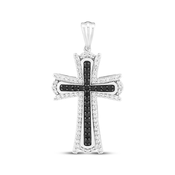 Black & White Diamond Cross Charm 1 ct tw Sterling Silver