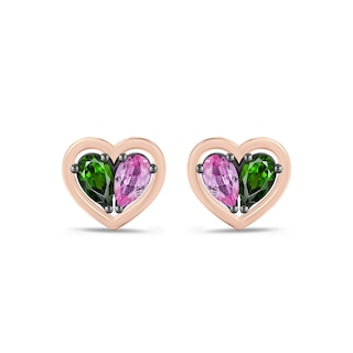 Wicked Pear-Shaped Pink Lab-Created Sapphire & Chrome Diopside Heart Stud Earrings Sterling Silver & 10K Rose Gold