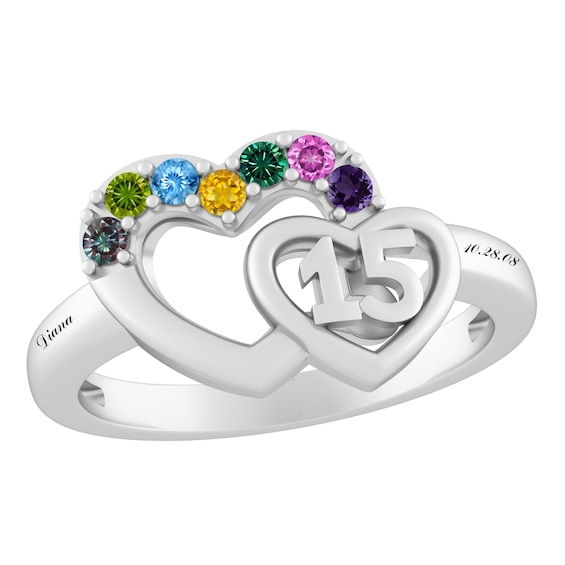 Birthstone Quinceanera Heart Ring (7 Stones and 2 Lines)