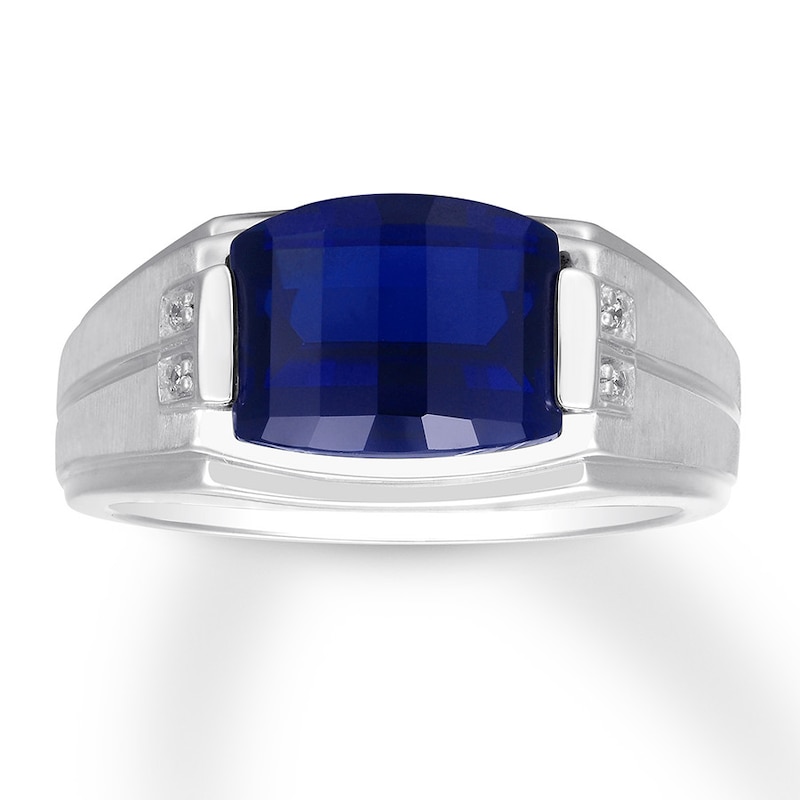 Main Image 1 of Men's Lab-Created Sapphire Ring With Diamonds Sterling Silver