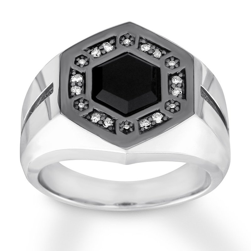 Men S Black Onyx Ring 1 8 Ct Tw Diamonds 10k White Gold Kay