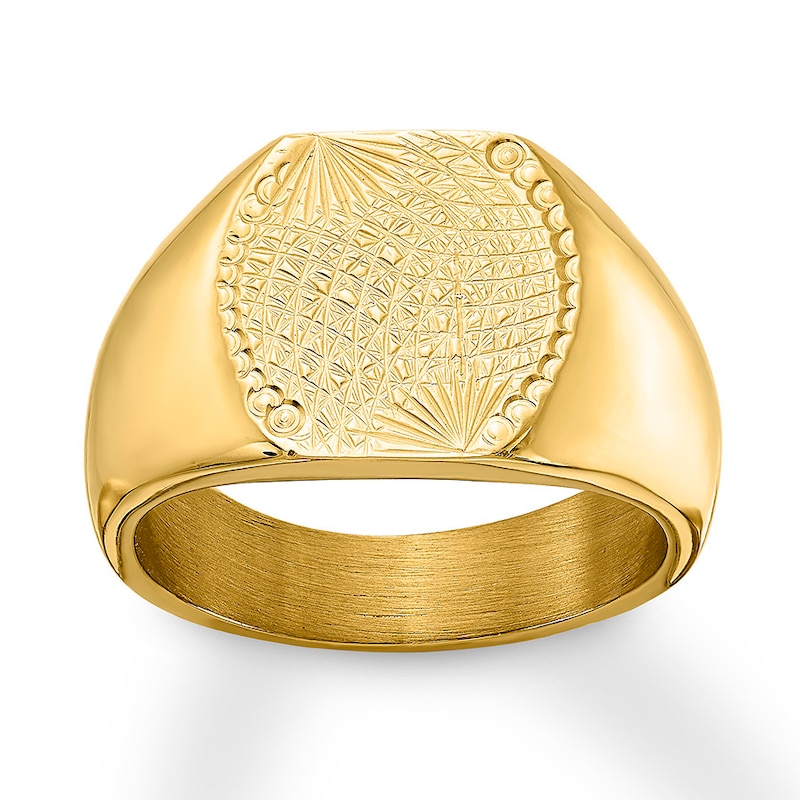 Main Image 1 of Men's Textured Signet Ring Yellow Ion-Plated Stainless Steel
