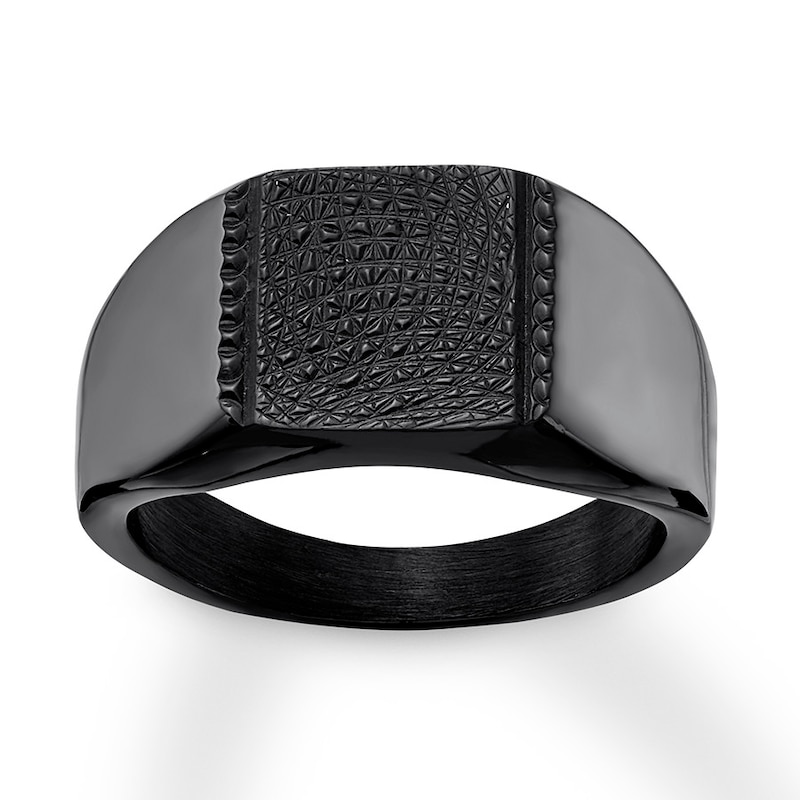 Main Image 1 of Men's Textured Signet Ring Black Ion-Plated Stainless Steel