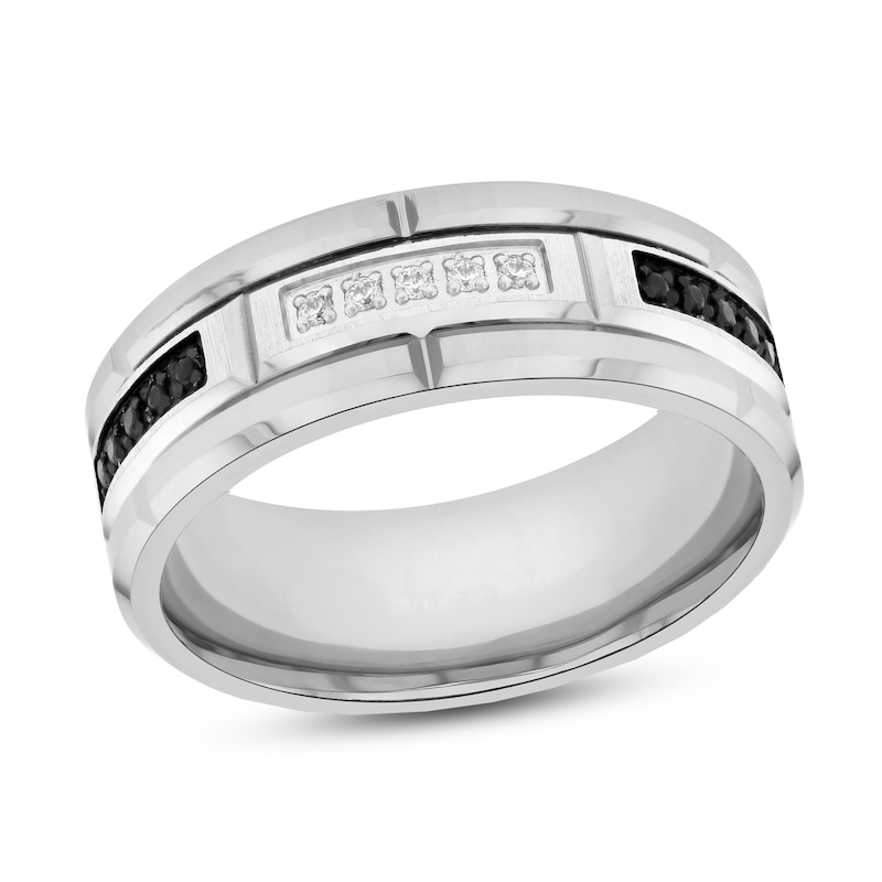 Main Image 1 of Men's Wedding Band Black and White Diamonds 1/8 ct tw Tungsten