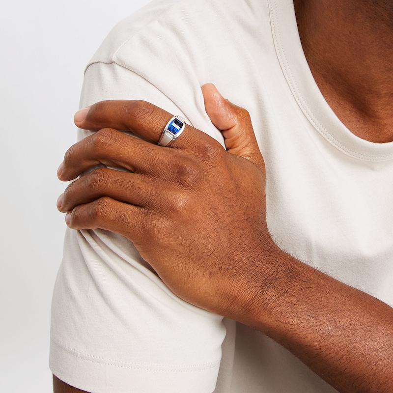 Main Image 2 of Men's Lab-Created Sapphire Ring Diamond Accent 10K White Gold