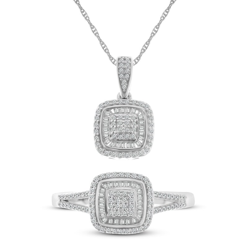 Diamond Necklace & Ring Boxed Set 5/8 ct tw Round & Baguette Sterling Silver
