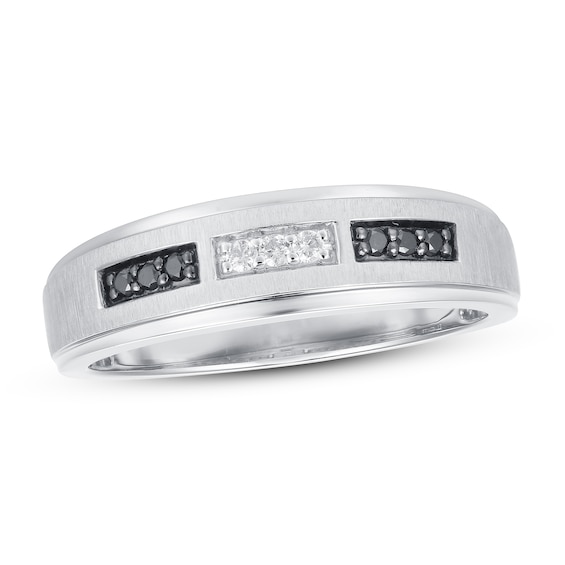 Now + Forever Men's Black & White Diamond Wedding Band 1/8 ct tw Round-cut 10K White Gold