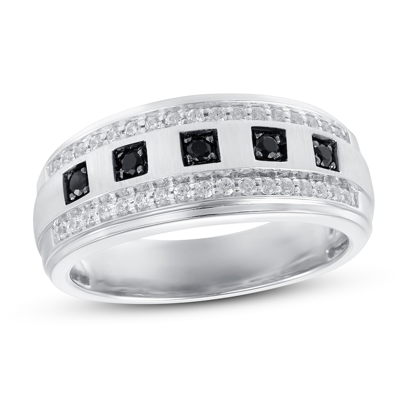Main Image 1 of Now + Forever Men's Black & White Diamond Wedding Band 1/2 ct tw Round-cut 10K White Gold
