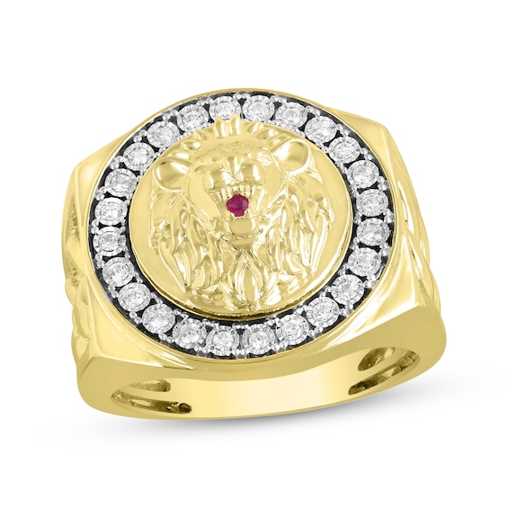 Men's Diamond & Lab-Created Ruby Lion Ring 1/4 ct tw Round-Cut 10K Yellow Gold