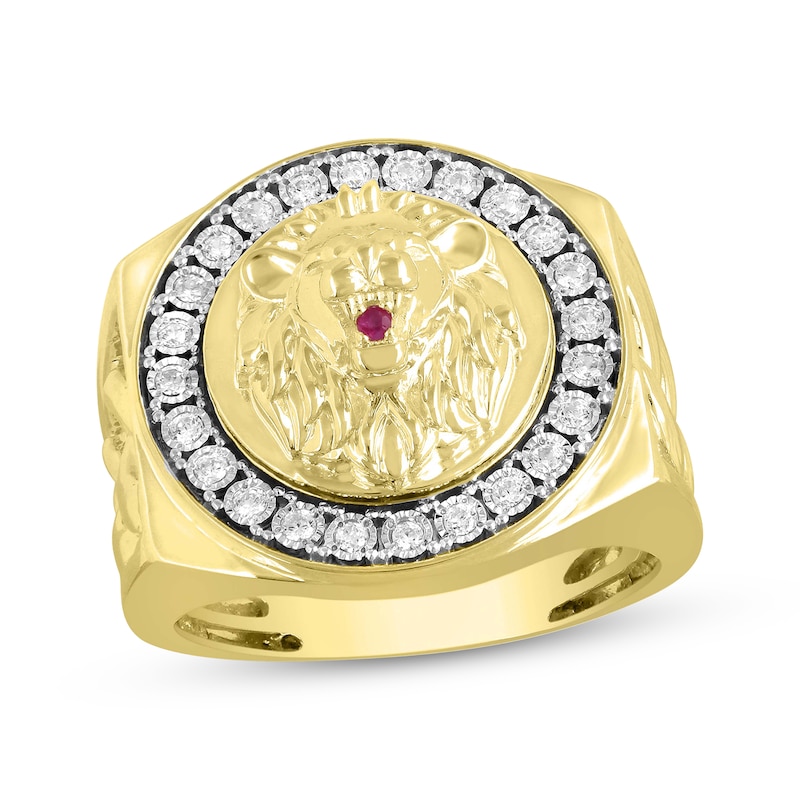 Men's Diamond & Lab-Created Ruby Lion Ring 1/4 ct tw Round-Cut 10K Yellow Gold