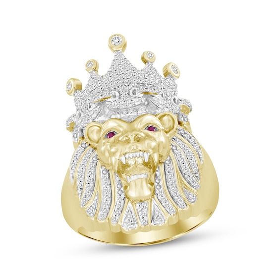 Men's Diamond & Lab-Created Ruby Lion Ring 1/2 ct tw Round-cut 10K Yellow Gold