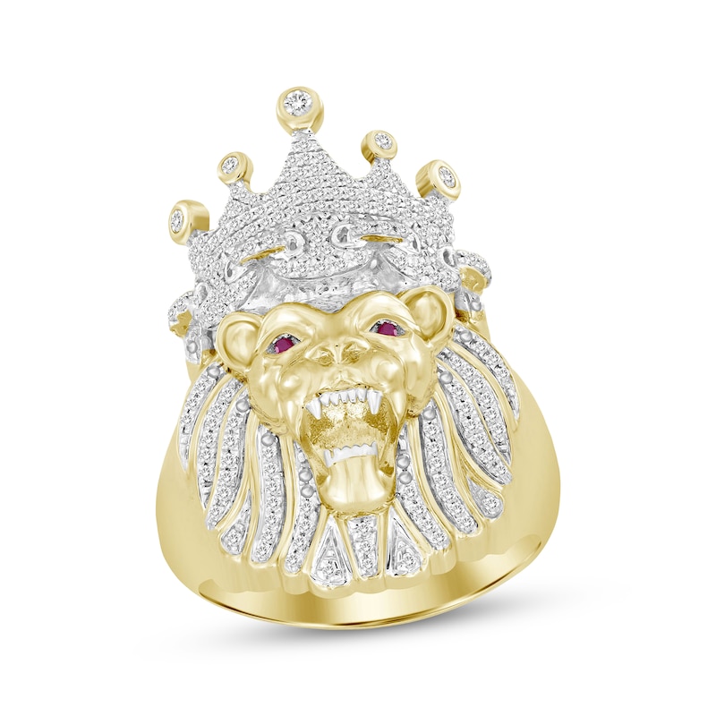 Main Image 1 of Men's Diamond & Lab-Created Ruby Lion Ring 1/2 ct tw Round-cut 10K Yellow Gold
