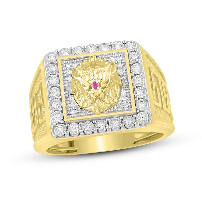 Main Image 1 of Men's Diamond & Lab-Created Ruby Lion Ring 1/4 ct tw 10K Yellow Gold