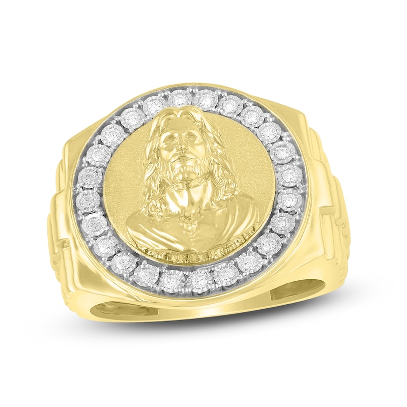 Main Image 1 of Men's Diamond Christ Ring 1/4 ct tw Round-cut 10K Yellow Gold - Size 10
