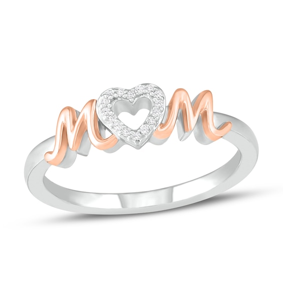 Diamond Heart "Mom" Ring 1/20 ct tw Round-Cut Sterling Silver & 10K Rose Gold