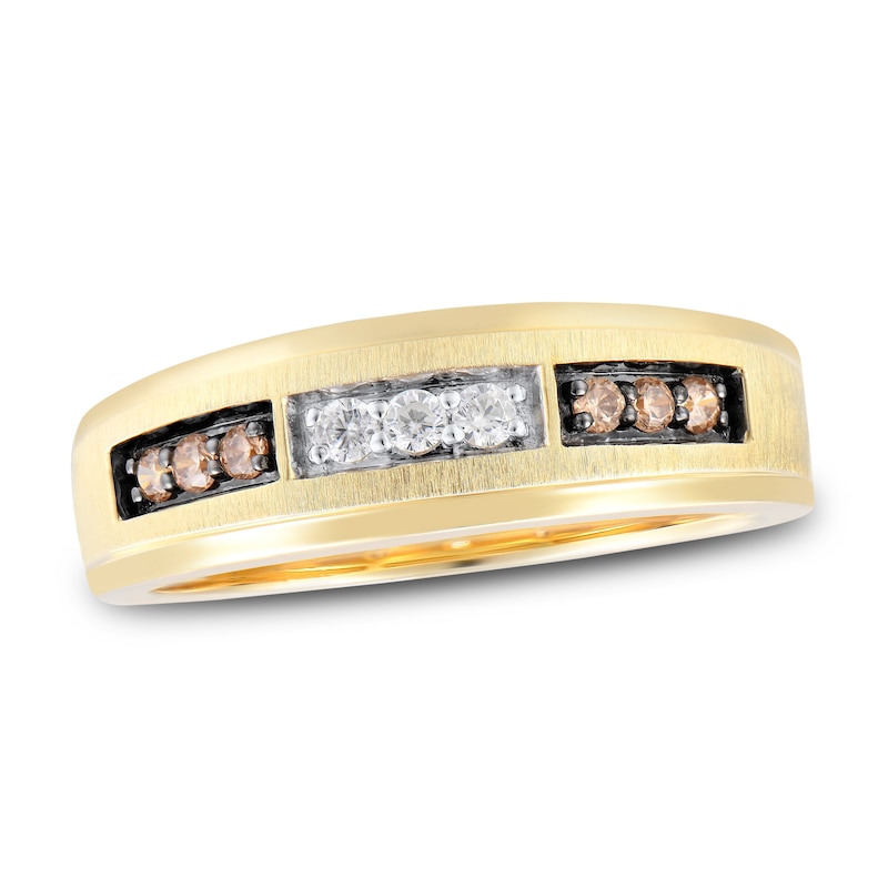 Main Image 1 of Now + Forever Men's Brown & Whiter Diamond Wedding Band 1/4 ct tw Round-cut 10K Yellow Gold