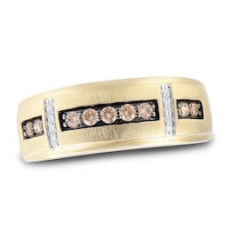 Now + Forever Men's Brown & White Diamond Wedding Band 1/3 ct tw Round-cut 10K Yellow Gold