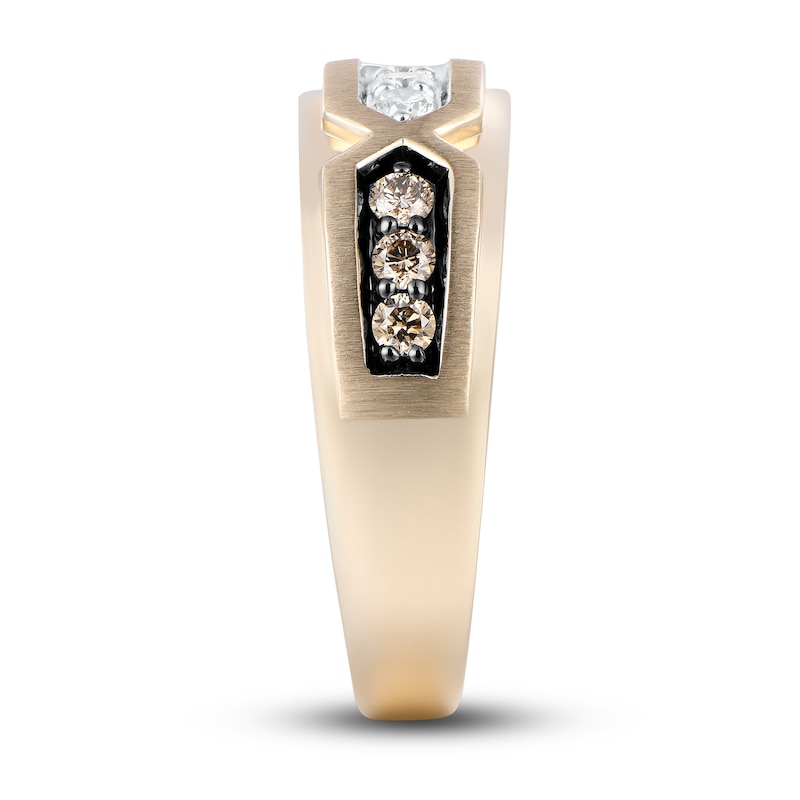 Main Image 2 of Men's Brown & White Diamond Wedding Band 1/2 ct tw Round-cut 10K Yellow Gold