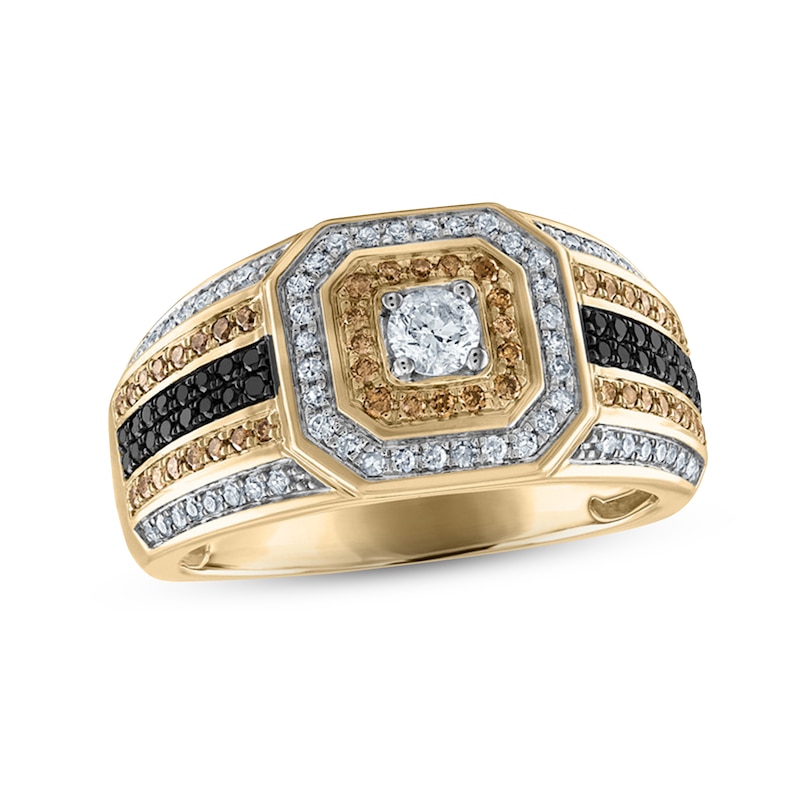 Men's Black, Brown & White Diamond Octagon Ring 7/8 ct tw Round-cut 10K Yellow Gold
