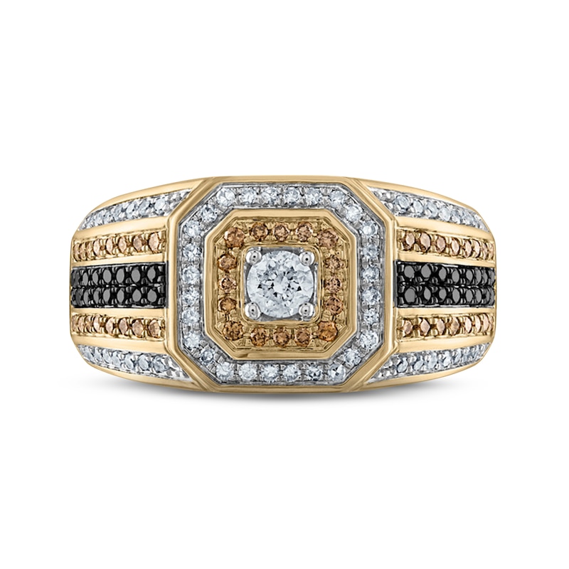 Men's Black, Brown & White Diamond Octagon Ring 7/8 ct tw Round-cut 10K Yellow Gold