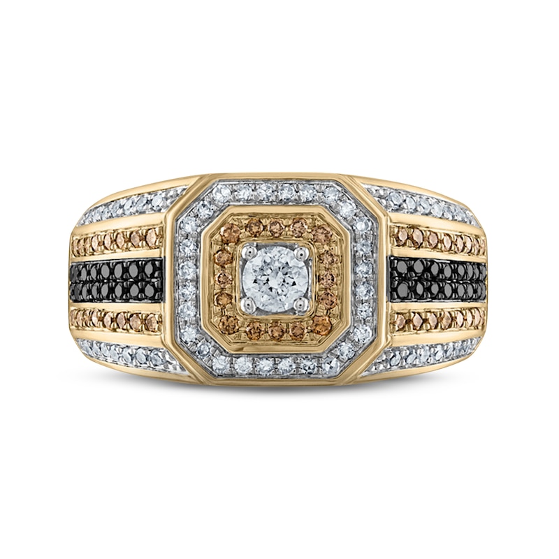 Main Image 3 of Men's Black, Brown & White Diamond Octagon Ring 7/8 ct tw Round-cut 10K Yellow Gold