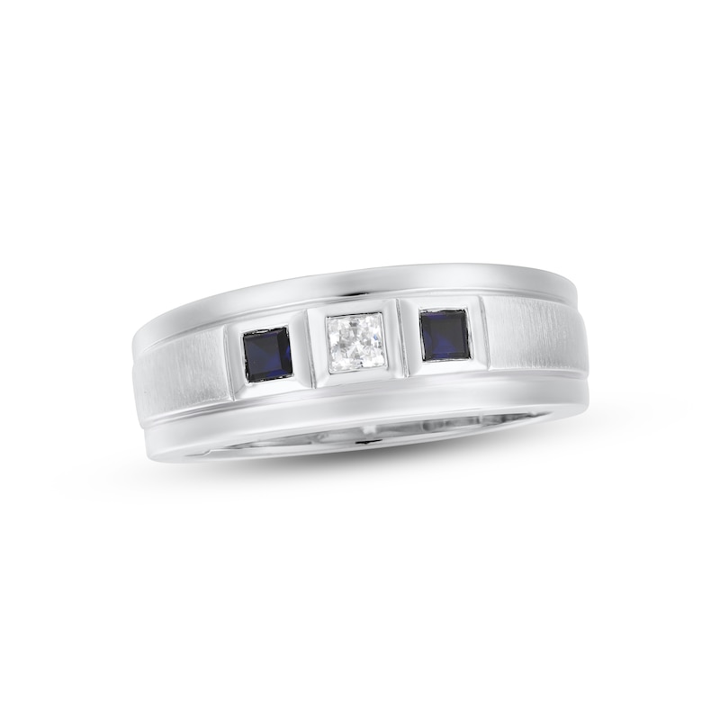 Main Image 1 of Now + Forever Men's Diamond & Blue Sapphire Wedding Band 1/10 ct tw Square-cut 10K White Gold