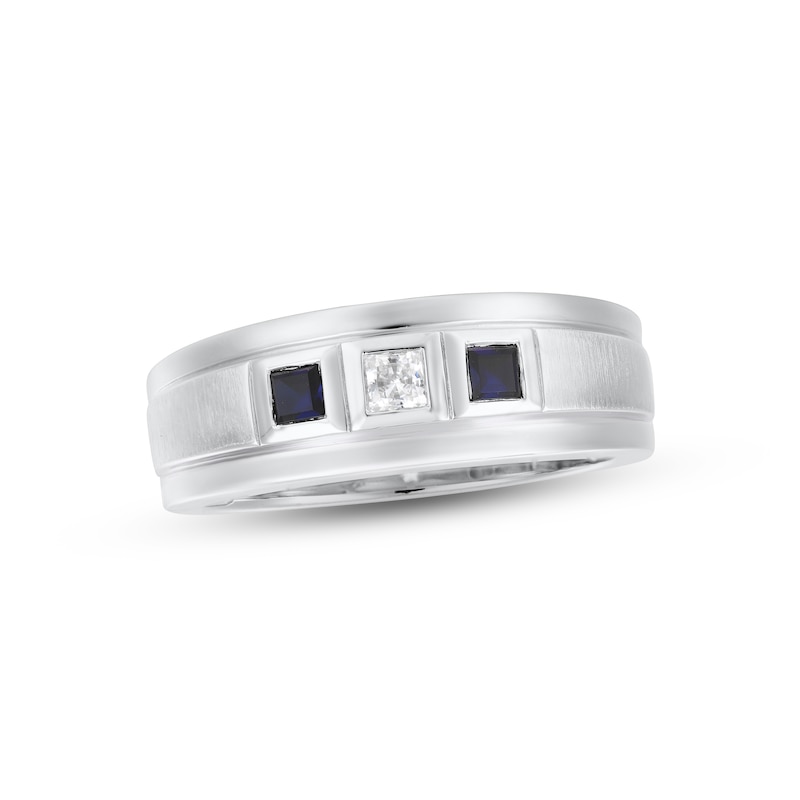 Men's Diamond & Blue Sapphire Wedding Band 1/10 ct tw Square-cut 10K White Gold