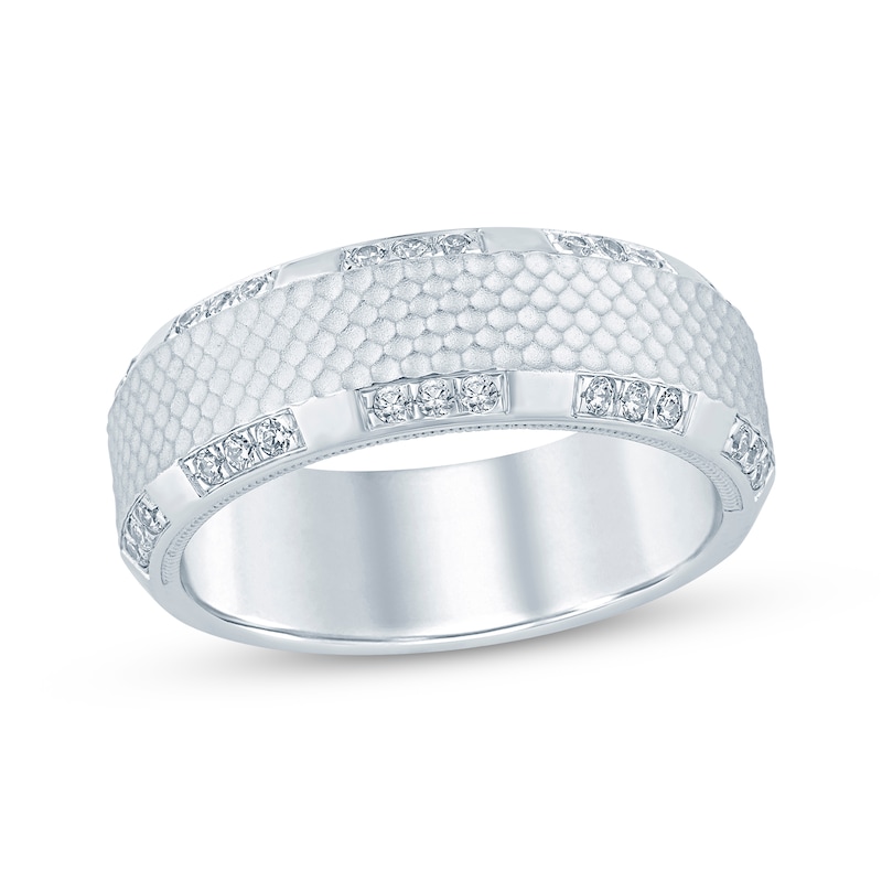 Main Image 1 of Now + Forever Men's Diamond Sandblast Textured Wedding Band 1/3 ct tw Round-cut 10K White Gold