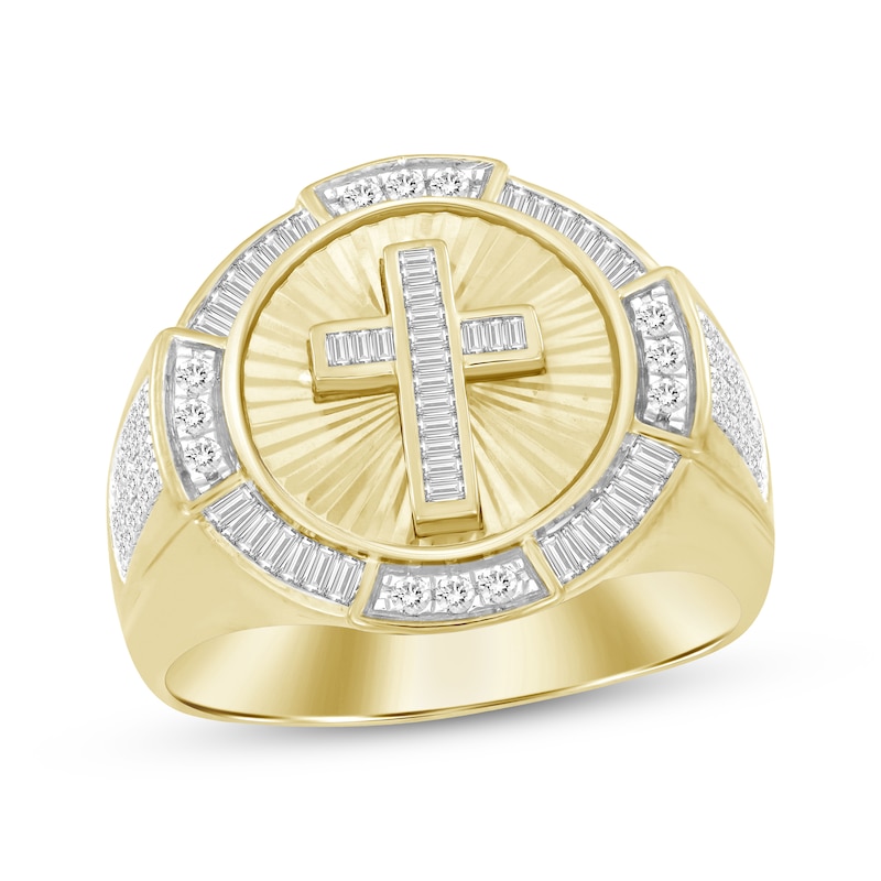 Main Image 1 of Men's Diamond Cross Signet Ring 1/2 ct tw Baguette & Round-cut 10K Yellow Gold